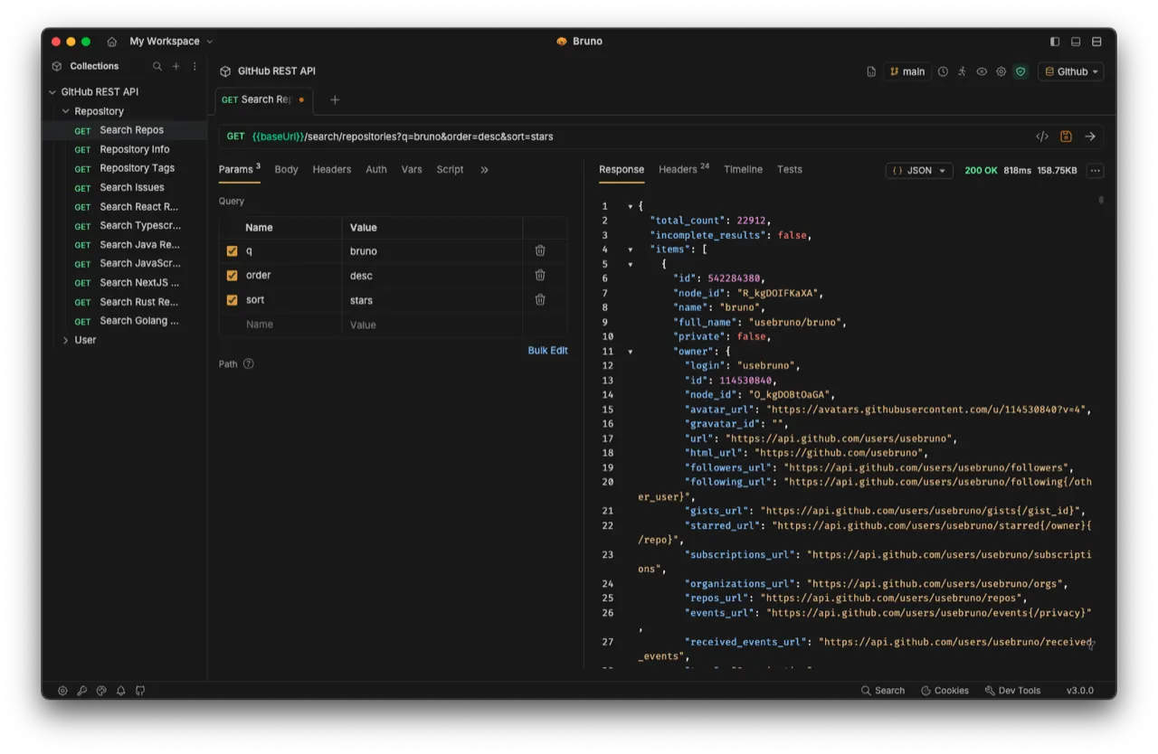 Bruno API client showing a request collection and response pane.