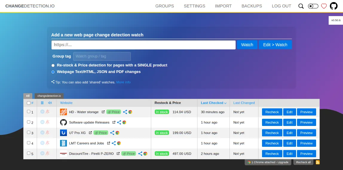 changedetection.io interface screenshot