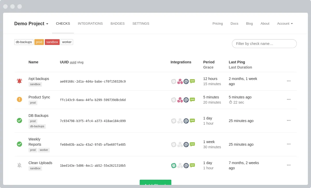 Healthchecks interface screenshot